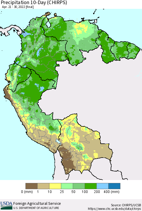 Northern South America Precipitation 10-Day (CHIRPS) Thematic Map For 4/21/2022 - 4/30/2022