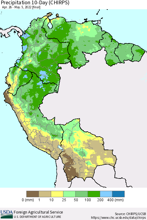 Northern South America Precipitation 10-Day (CHIRPS) Thematic Map For 4/26/2022 - 5/5/2022