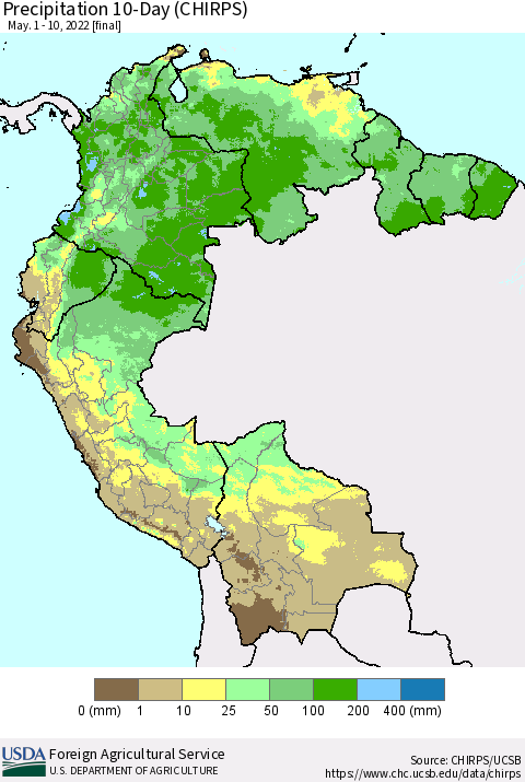 Northern South America Precipitation 10-Day (CHIRPS) Thematic Map For 5/1/2022 - 5/10/2022
