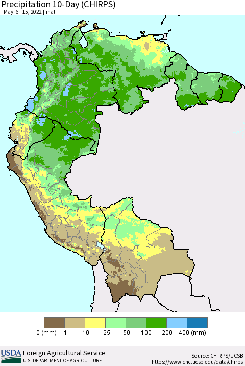 Northern South America Precipitation 10-Day (CHIRPS) Thematic Map For 5/6/2022 - 5/15/2022