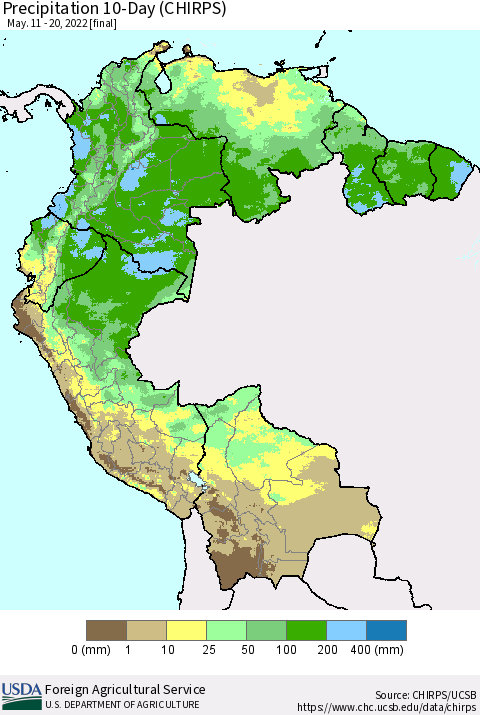 Northern South America Precipitation 10-Day (CHIRPS) Thematic Map For 5/11/2022 - 5/20/2022