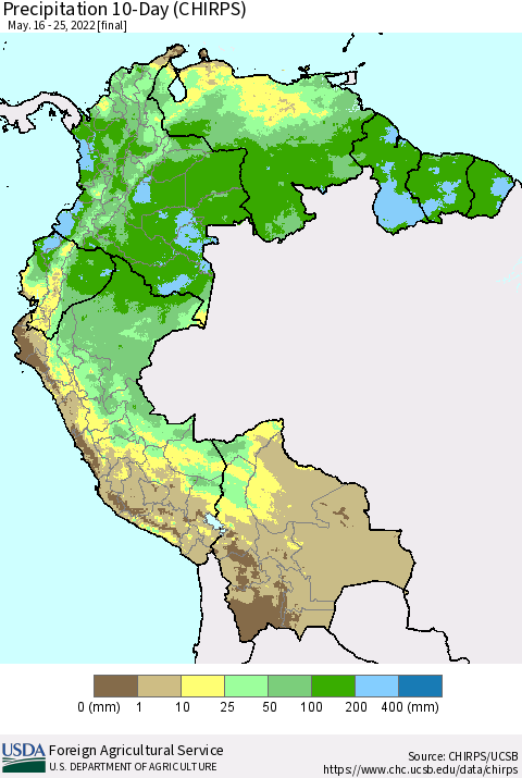 Northern South America Precipitation 10-Day (CHIRPS) Thematic Map For 5/16/2022 - 5/25/2022