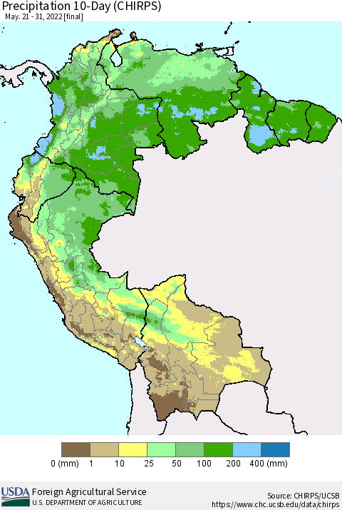 Northern South America Precipitation 10-Day (CHIRPS) Thematic Map For 5/21/2022 - 5/31/2022