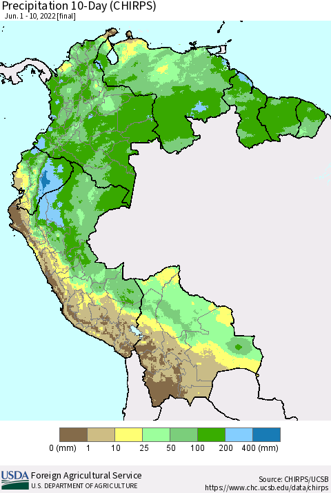 Northern South America Precipitation 10-Day (CHIRPS) Thematic Map For 6/1/2022 - 6/10/2022