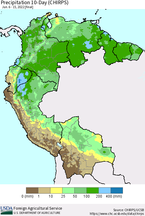 Northern South America Precipitation 10-Day (CHIRPS) Thematic Map For 6/6/2022 - 6/15/2022