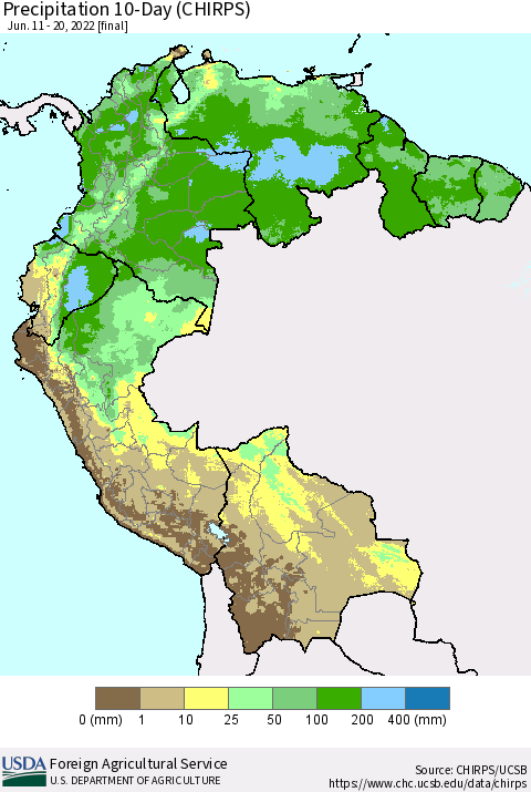 Northern South America Precipitation 10-Day (CHIRPS) Thematic Map For 6/11/2022 - 6/20/2022