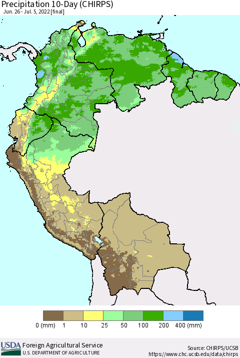 Northern South America Precipitation 10-Day (CHIRPS) Thematic Map For 6/26/2022 - 7/5/2022