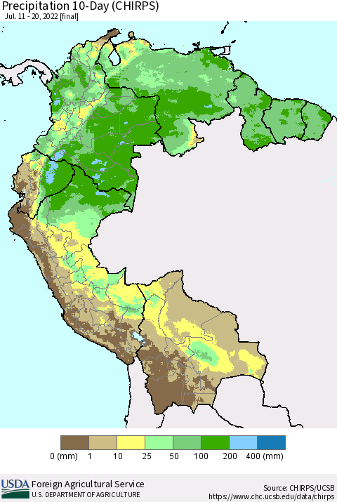 Northern South America Precipitation 10-Day (CHIRPS) Thematic Map For 7/11/2022 - 7/20/2022