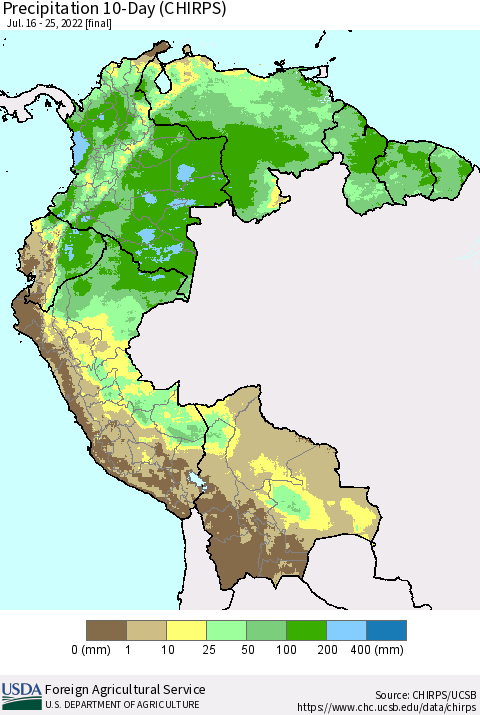 Northern South America Precipitation 10-Day (CHIRPS) Thematic Map For 7/16/2022 - 7/25/2022