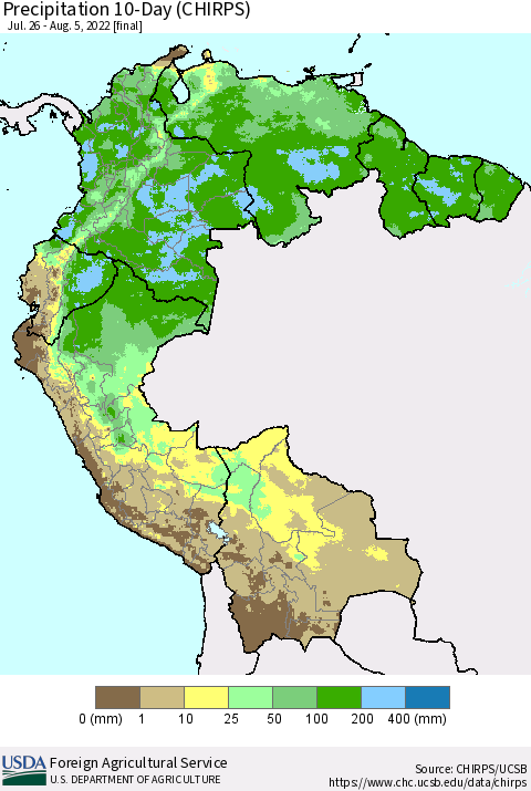 Northern South America Precipitation 10-Day (CHIRPS) Thematic Map For 7/26/2022 - 8/5/2022