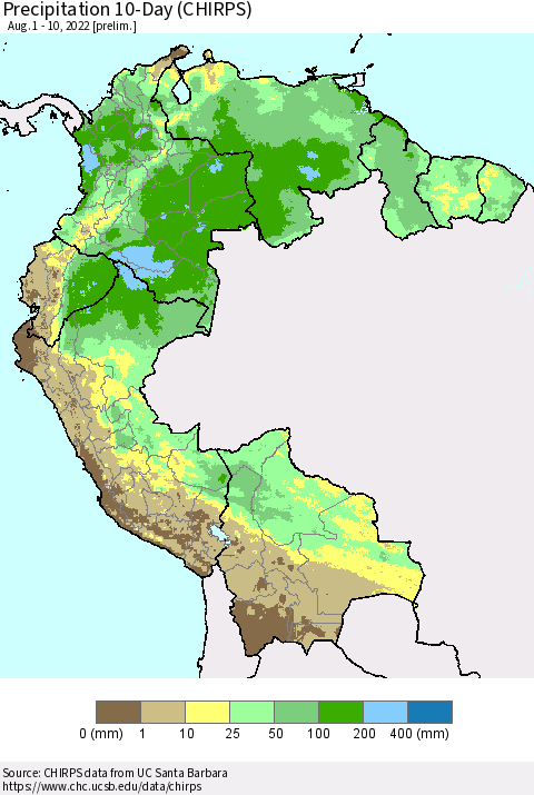 Northern South America Precipitation 10-Day (CHIRPS) Thematic Map For 8/1/2022 - 8/10/2022
