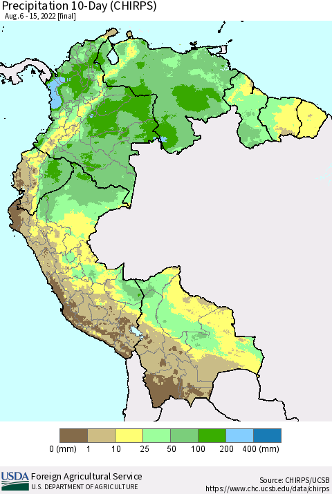 Northern South America Precipitation 10-Day (CHIRPS) Thematic Map For 8/6/2022 - 8/15/2022
