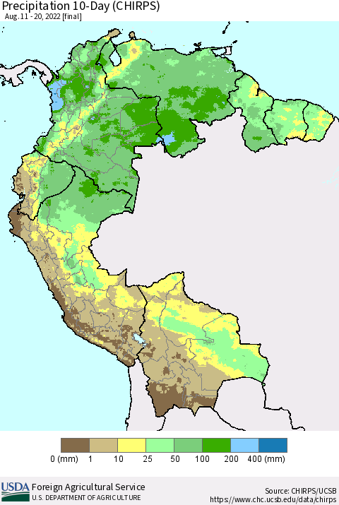 Northern South America Precipitation 10-Day (CHIRPS) Thematic Map For 8/11/2022 - 8/20/2022