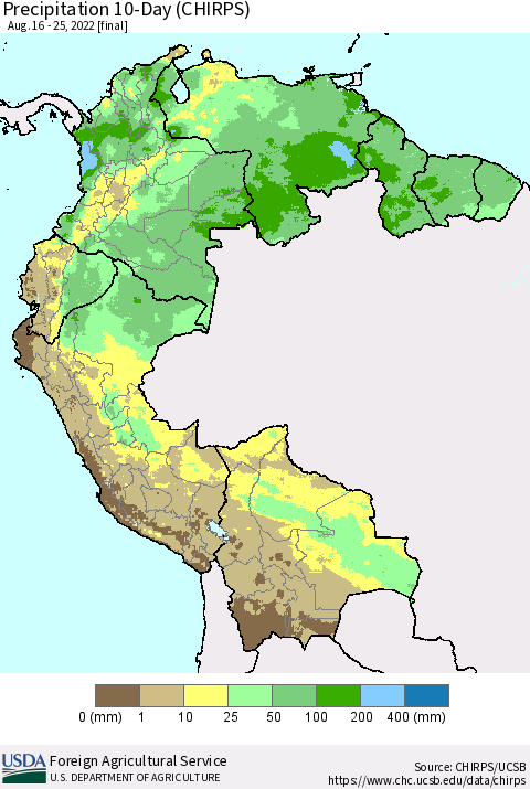 Northern South America Precipitation 10-Day (CHIRPS) Thematic Map For 8/16/2022 - 8/25/2022