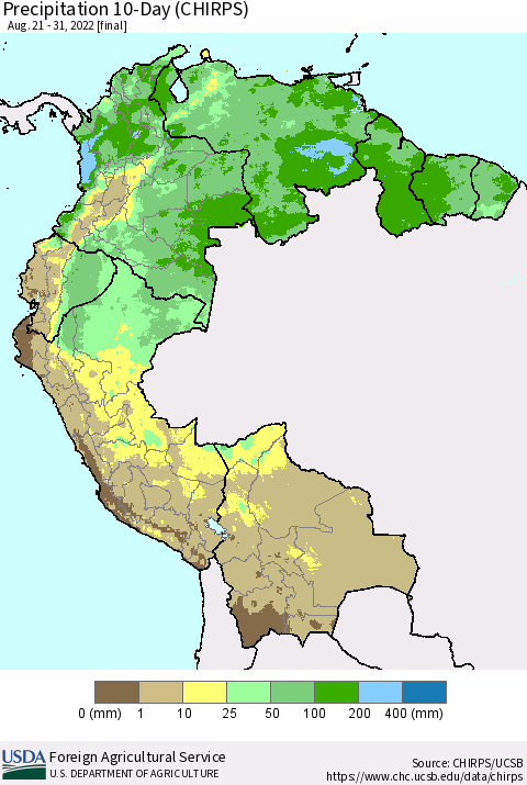 Northern South America Precipitation 10-Day (CHIRPS) Thematic Map For 8/21/2022 - 8/31/2022