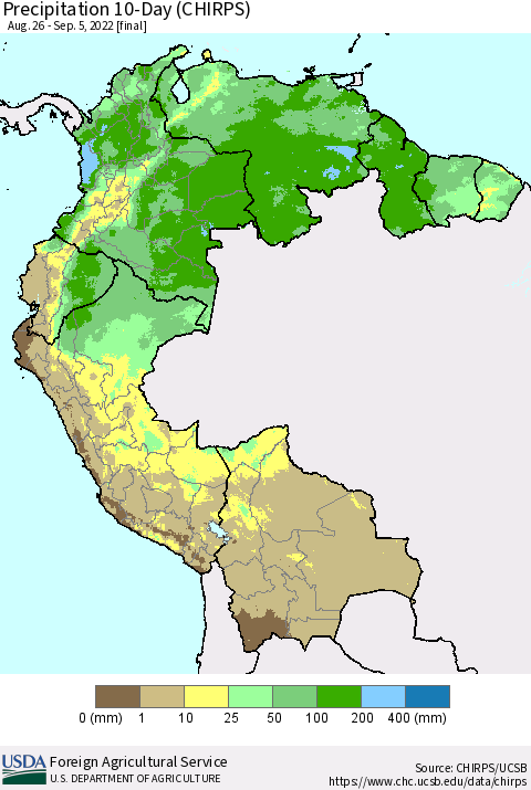 Northern South America Precipitation 10-Day (CHIRPS) Thematic Map For 8/26/2022 - 9/5/2022