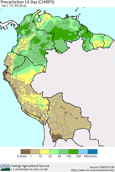 Northern South America Precipitation 10-Day (CHIRPS) Thematic Map For 9/1/2022 - 9/10/2022