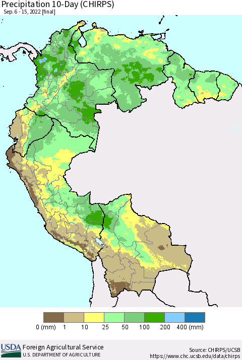 Northern South America Precipitation 10-Day (CHIRPS) Thematic Map For 9/6/2022 - 9/15/2022