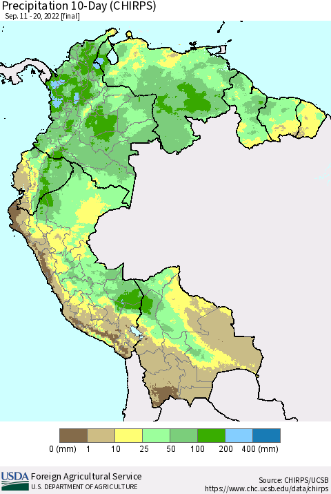 Northern South America Precipitation 10-Day (CHIRPS) Thematic Map For 9/11/2022 - 9/20/2022