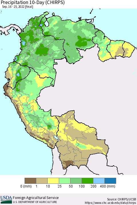 Northern South America Precipitation 10-Day (CHIRPS) Thematic Map For 9/16/2022 - 9/25/2022