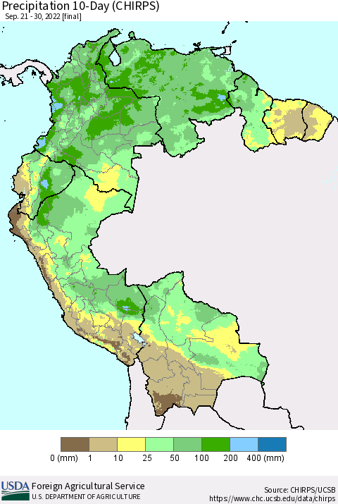 Northern South America Precipitation 10-Day (CHIRPS) Thematic Map For 9/21/2022 - 9/30/2022