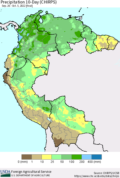 Northern South America Precipitation 10-Day (CHIRPS) Thematic Map For 9/26/2022 - 10/5/2022