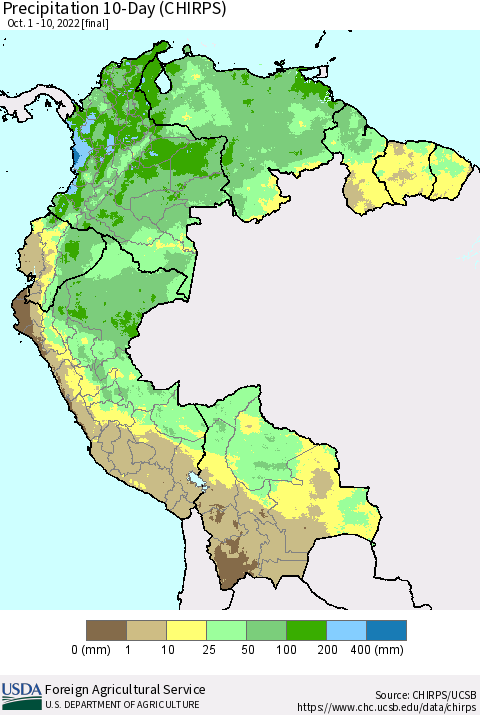 Northern South America Precipitation 10-Day (CHIRPS) Thematic Map For 10/1/2022 - 10/10/2022