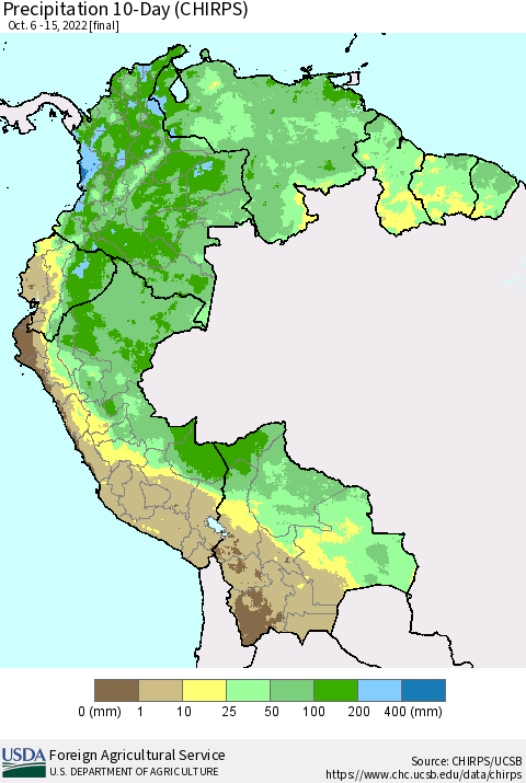 Northern South America Precipitation 10-Day (CHIRPS) Thematic Map For 10/6/2022 - 10/15/2022