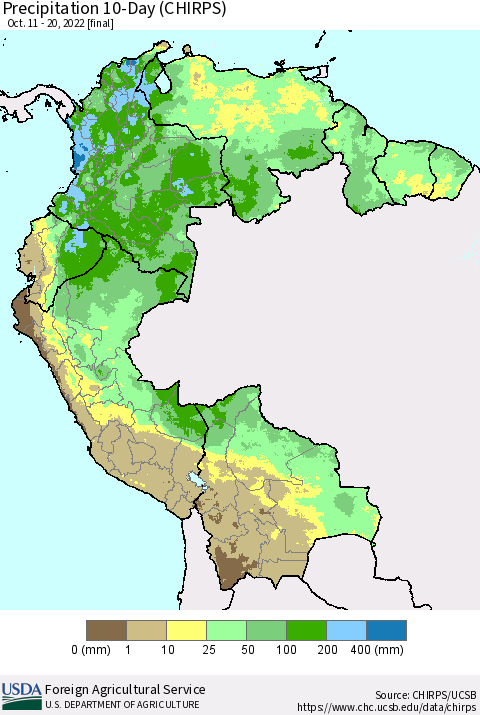 Northern South America Precipitation 10-Day (CHIRPS) Thematic Map For 10/11/2022 - 10/20/2022