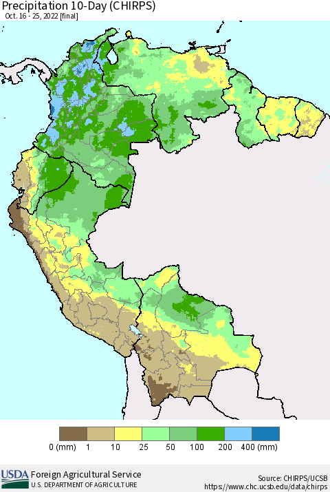 Northern South America Precipitation 10-Day (CHIRPS) Thematic Map For 10/16/2022 - 10/25/2022