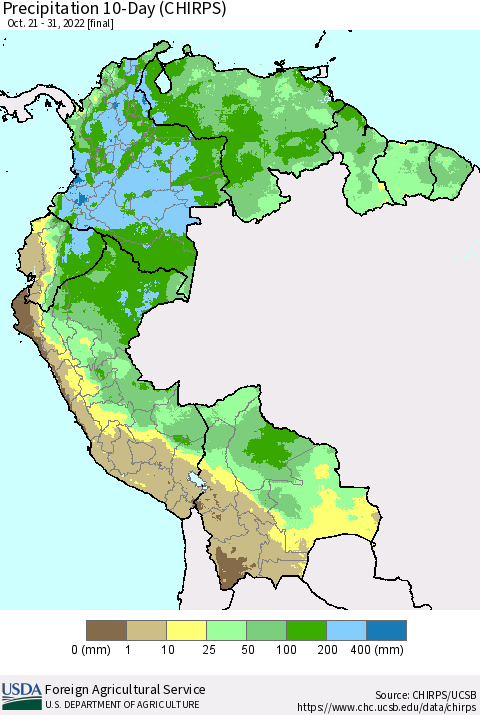 Northern South America Precipitation 10-Day (CHIRPS) Thematic Map For 10/21/2022 - 10/31/2022