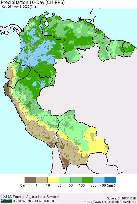 Northern South America Precipitation 10-Day (CHIRPS) Thematic Map For 10/26/2022 - 11/5/2022