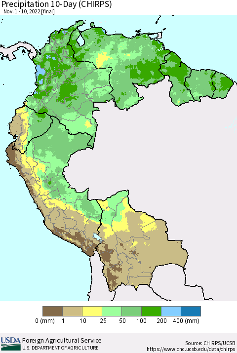 Northern South America Precipitation 10-Day (CHIRPS) Thematic Map For 11/1/2022 - 11/10/2022
