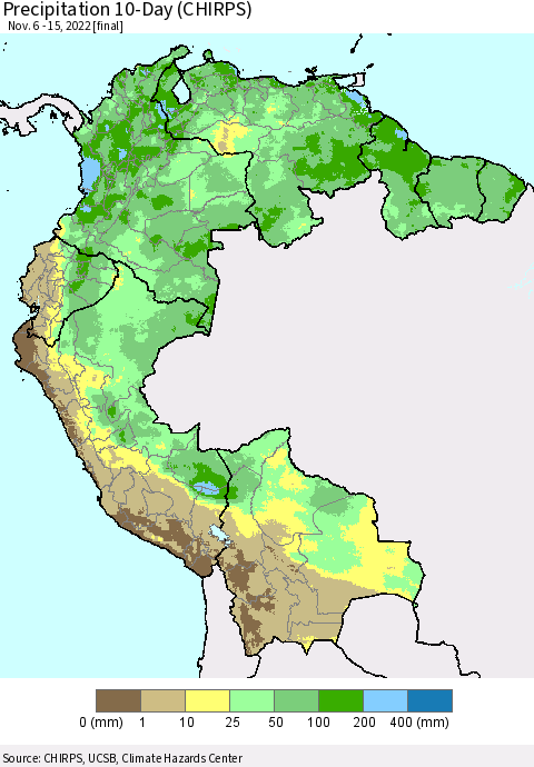 Northern South America Precipitation 10-Day (CHIRPS) Thematic Map For 11/6/2022 - 11/15/2022