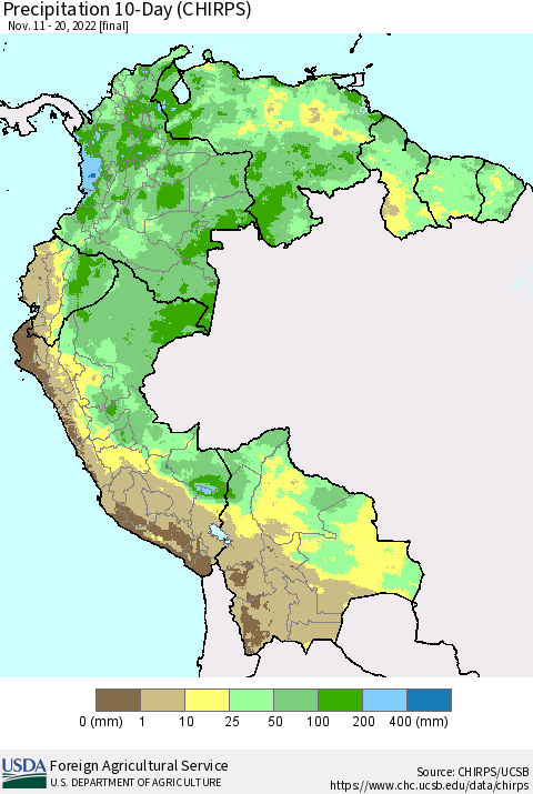 Northern South America Precipitation 10-Day (CHIRPS) Thematic Map For 11/11/2022 - 11/20/2022