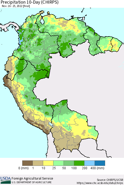 Northern South America Precipitation 10-Day (CHIRPS) Thematic Map For 11/16/2022 - 11/25/2022