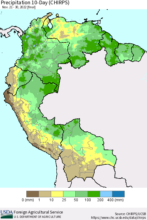 Northern South America Precipitation 10-Day (CHIRPS) Thematic Map For 11/21/2022 - 11/30/2022