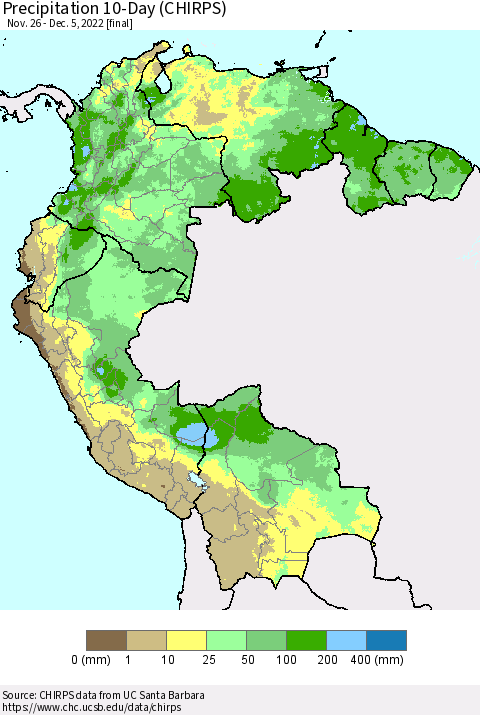 Northern South America Precipitation 10-Day (CHIRPS) Thematic Map For 11/26/2022 - 12/5/2022