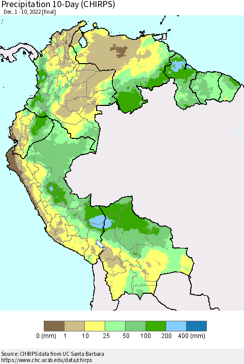 Northern South America Precipitation 10-Day (CHIRPS) Thematic Map For 12/1/2022 - 12/10/2022