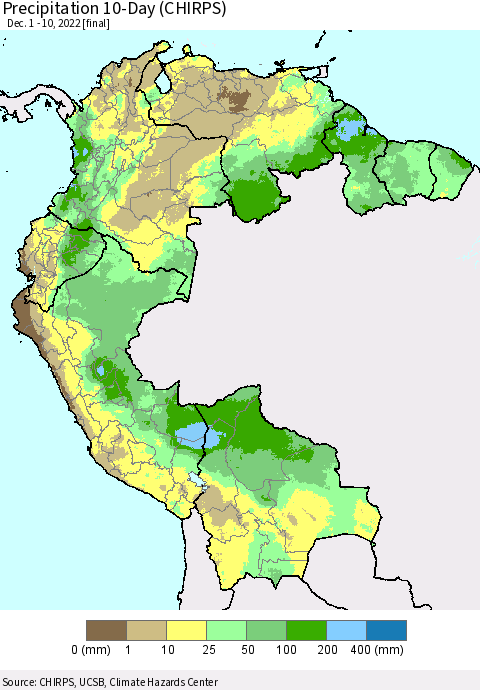 Northern South America Precipitation 10-Day (CHIRPS) Thematic Map For 12/1/2022 - 12/10/2022