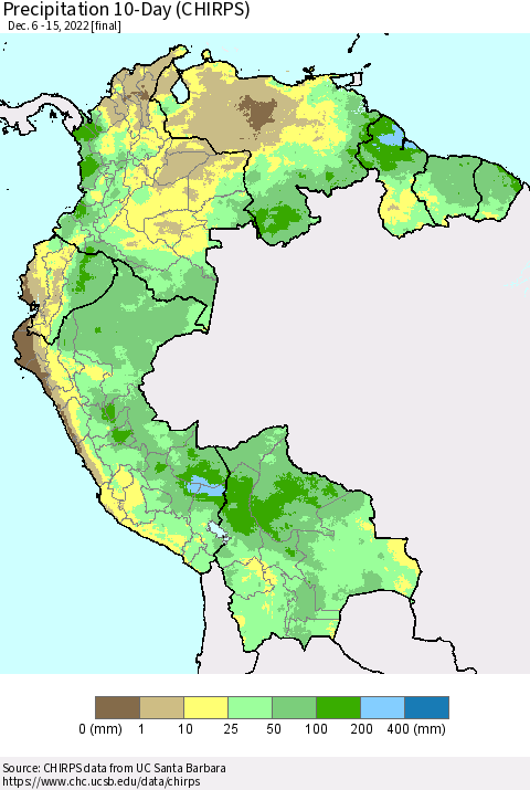 Northern South America Precipitation 10-Day (CHIRPS) Thematic Map For 12/6/2022 - 12/15/2022