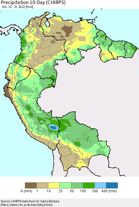 Northern South America Precipitation 10-Day (CHIRPS) Thematic Map For 12/16/2022 - 12/25/2022
