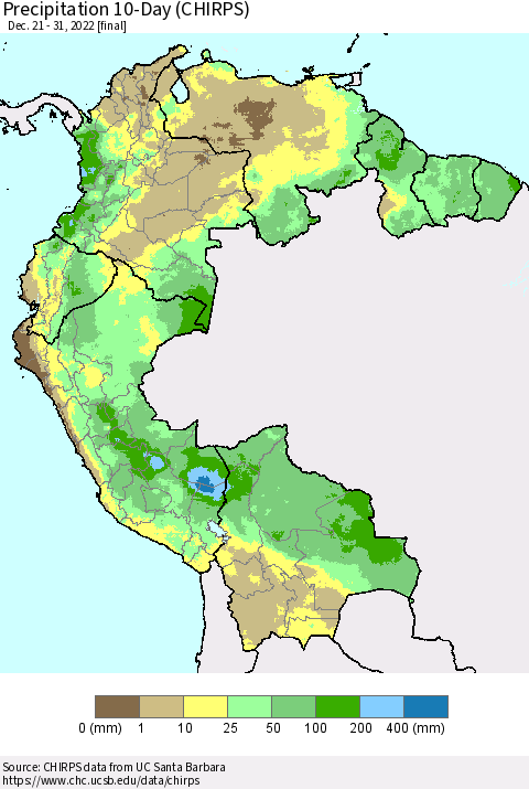 Northern South America Precipitation 10-Day (CHIRPS) Thematic Map For 12/21/2022 - 12/31/2022
