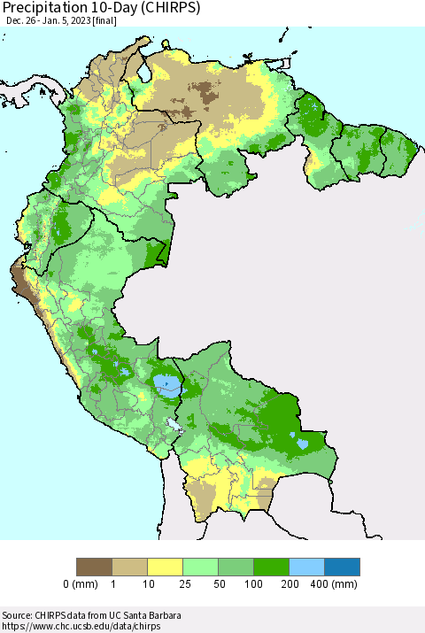 Northern South America Precipitation 10-Day (CHIRPS) Thematic Map For 12/26/2022 - 1/5/2023