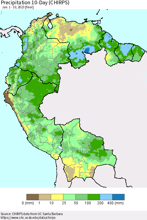 Northern South America Precipitation 10-Day (CHIRPS) Thematic Map For 1/1/2023 - 1/10/2023