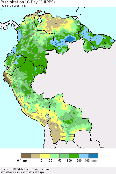Northern South America Precipitation 10-Day (CHIRPS) Thematic Map For 1/6/2023 - 1/15/2023