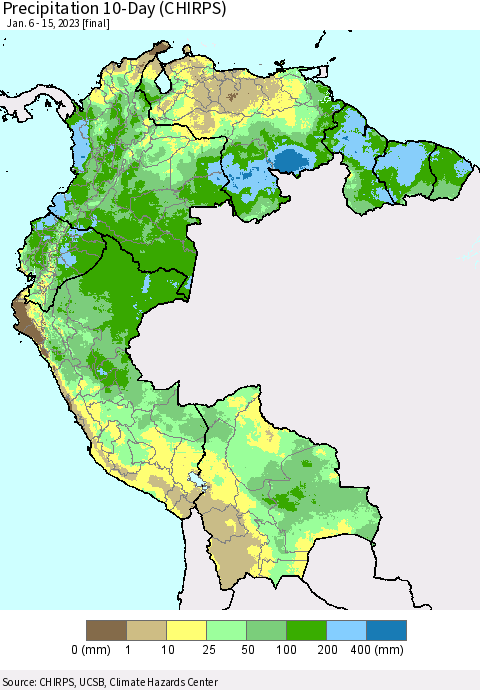 Northern South America Precipitation 10-Day (CHIRPS) Thematic Map For 1/6/2023 - 1/15/2023