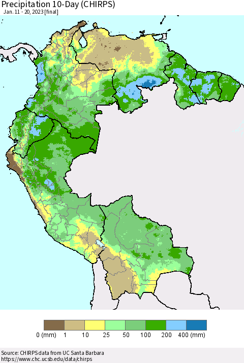 Northern South America Precipitation 10-Day (CHIRPS) Thematic Map For 1/11/2023 - 1/20/2023