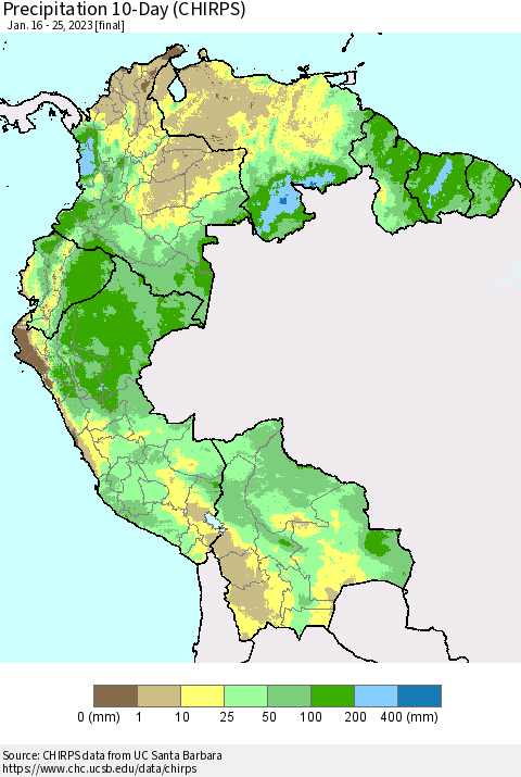 Northern South America Precipitation 10-Day (CHIRPS) Thematic Map For 1/16/2023 - 1/25/2023