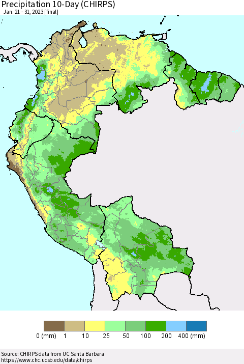 Northern South America Precipitation 10-Day (CHIRPS) Thematic Map For 1/21/2023 - 1/31/2023